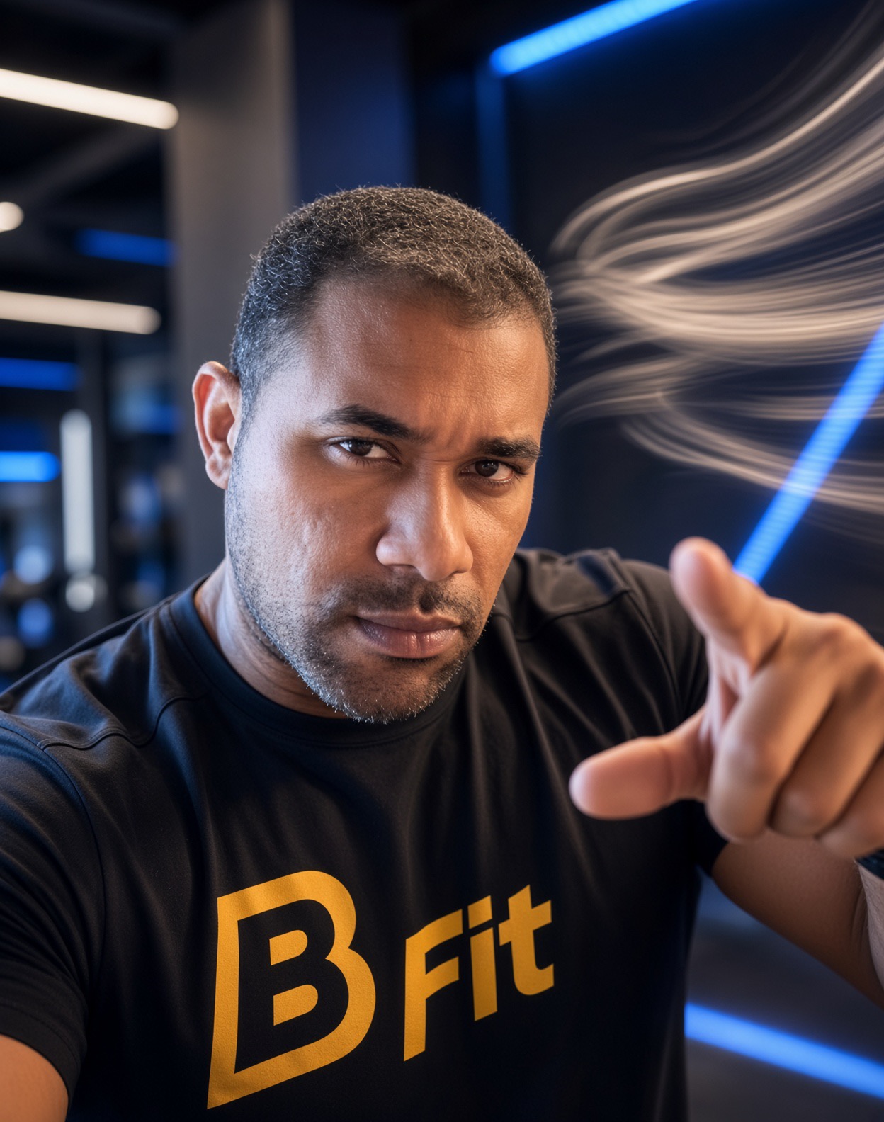 Personagem coach da marca B Fit em camisa preta apontando para a câmera